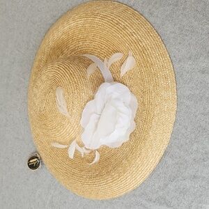 Callanan Millinery Straw Hat Silk Flower Feathers Adjustable